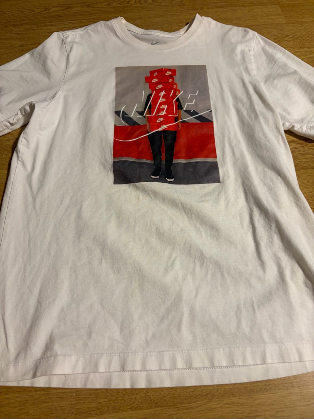 Nike White Short-Sleeve Tee with Red & Black stacked shoe boxes Graphic- L